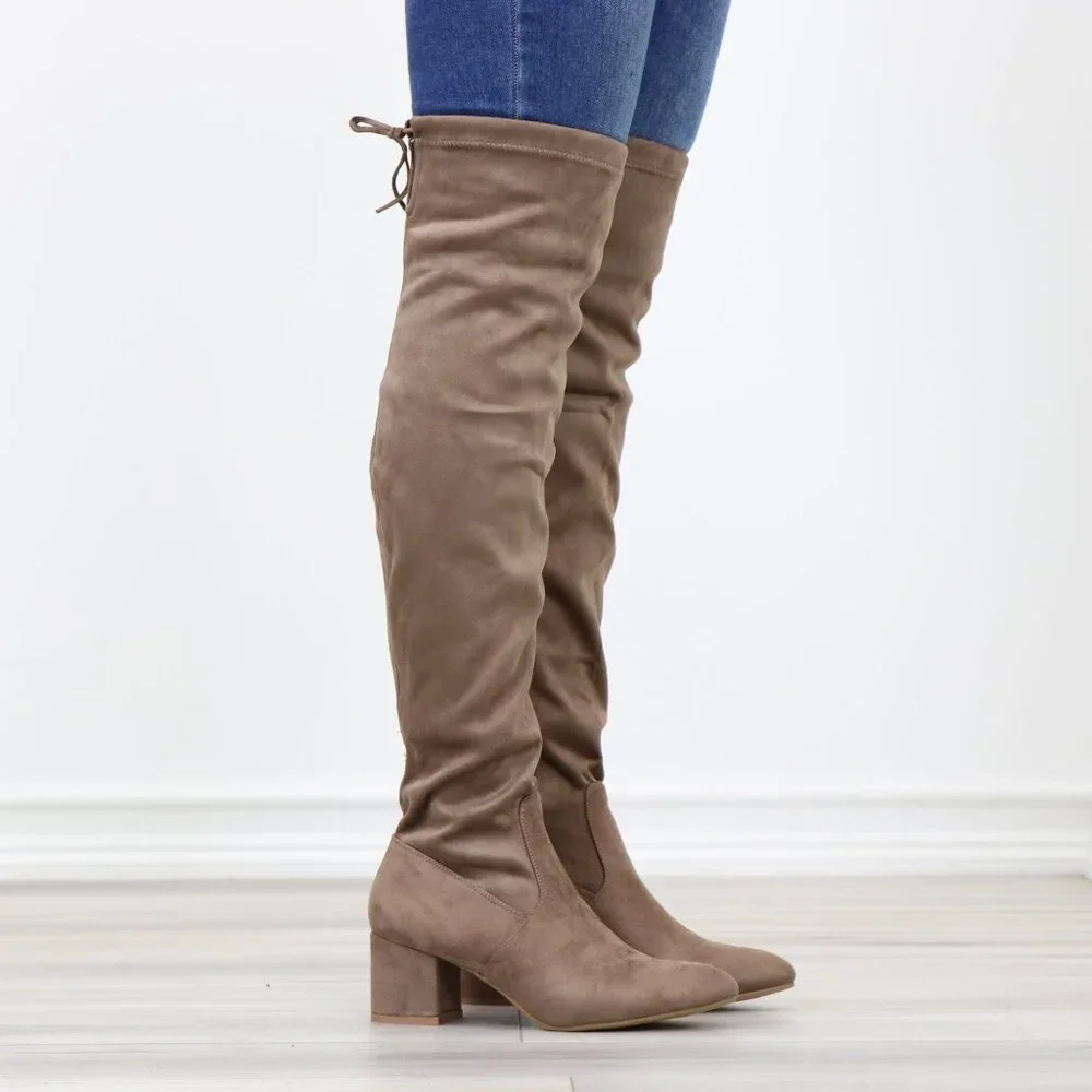 Taupe Over-the-Knee Boots Faux Suede Low Block Heel Tie Back